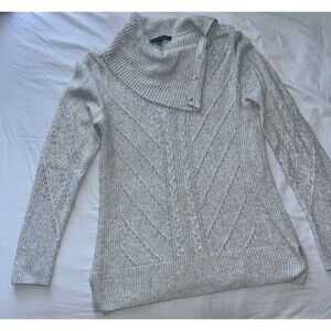 Gray  with Silver  Cable Knit Fold Over Turtle Neck Wool Blend Sweater Women’s L
